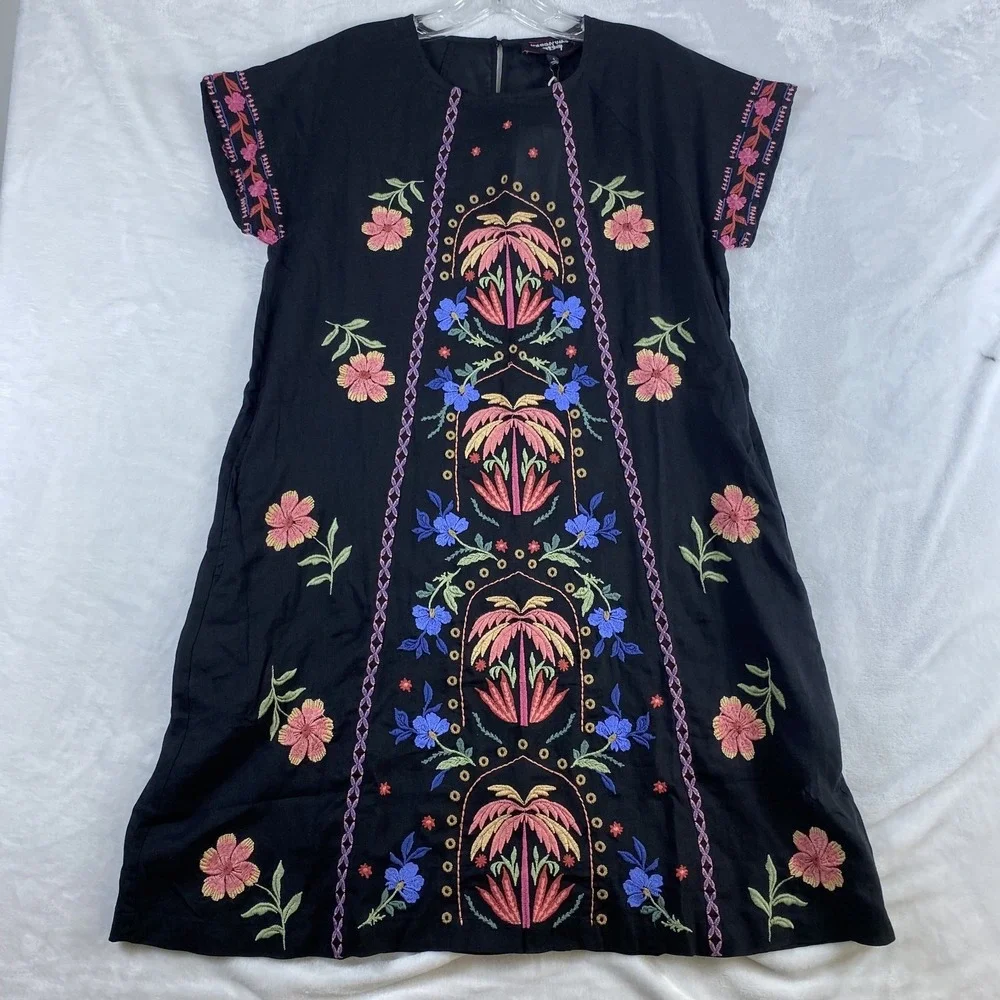 NWT Johnny Was Mini Dress Sz S Black Embroidered Floral Boho Gauzy MSRP $340 - Picture 11 of 16
